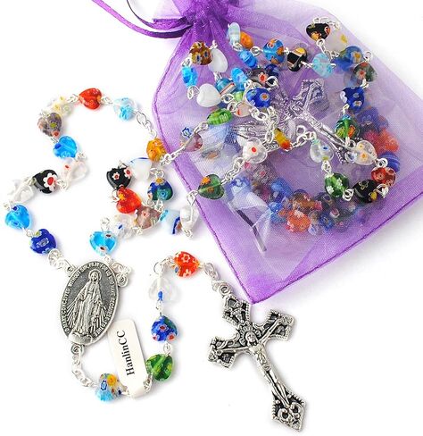 مسبحة كاثوليكية على شكل قلب زجاجي متعدد الألوان 8 مم مع قطعة مركزية معجزة وصليب in Kuwait