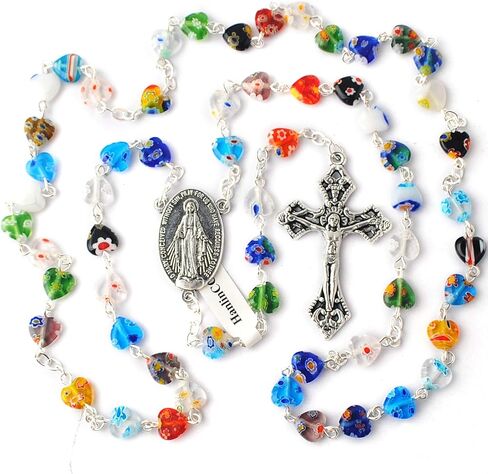 مسبحة كاثوليكية على شكل قلب زجاجي متعدد الألوان 8 مم مع قطعة مركزية معجزة وصليب in Kuwait