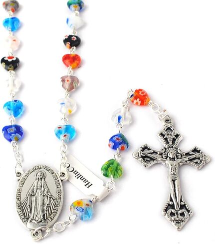 مسبحة كاثوليكية على شكل قلب زجاجي متعدد الألوان 8 مم مع قطعة مركزية معجزة وصليب in Kuwait