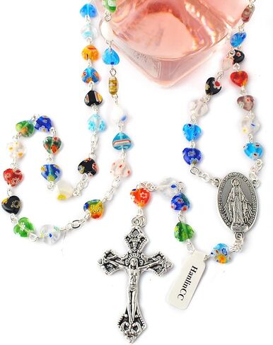 مسبحة كاثوليكية على شكل قلب زجاجي متعدد الألوان 8 مم مع قطعة مركزية معجزة وصليب in Kuwait