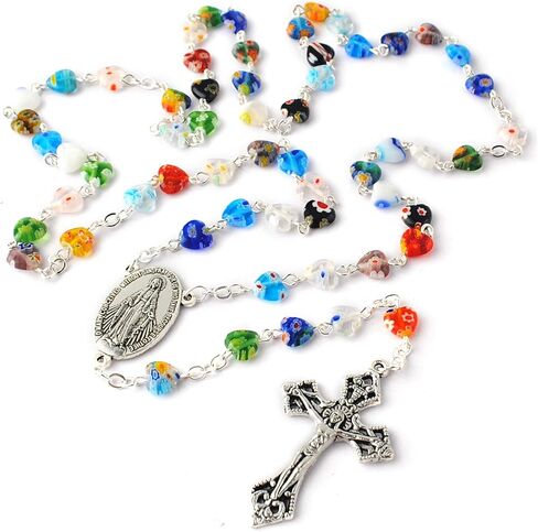 مسبحة كاثوليكية على شكل قلب زجاجي متعدد الألوان 8 مم مع قطعة مركزية معجزة وصليب in Kuwait