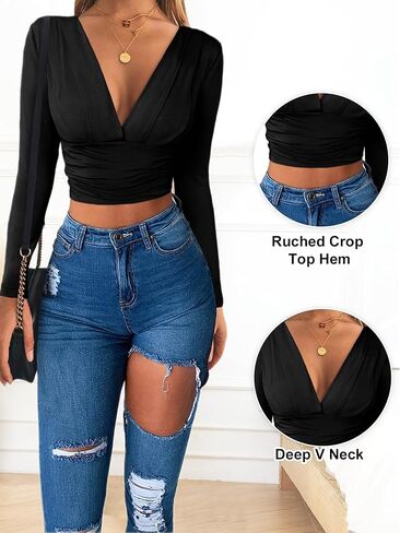 تي شيرت نسائي من FENSACE برقبة على شكل حرف V وأكمام طويلة مكشكشة وفريدة من نوعها ومثير وجذاب in Kuwait