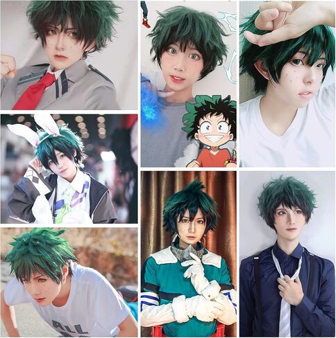 ANOGOL قبعة الشعر + شعر مستعار أخضر داكن قصير لزي أنيمي قصير للرجال شعر مستعار تأثيري الباروكات الملونة Pelucas De Colores لحفلة الهالوين in Kuwait