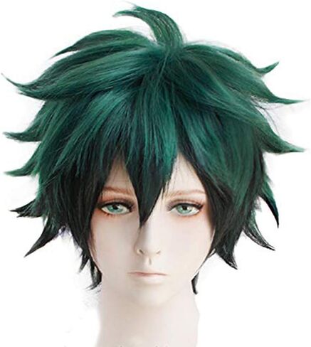 ANOGOL قبعة الشعر + شعر مستعار أخضر داكن قصير لزي أنيمي قصير للرجال شعر مستعار تأثيري الباروكات الملونة Pelucas De Colores لحفلة الهالوين in Kuwait