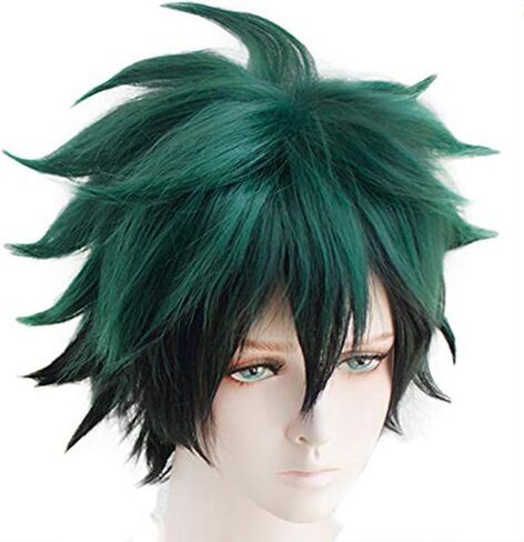 ANOGOL قبعة الشعر + شعر مستعار أخضر داكن قصير لزي أنيمي قصير للرجال شعر مستعار تأثيري الباروكات الملونة Pelucas De Colores لحفلة الهالوين in Kuwait