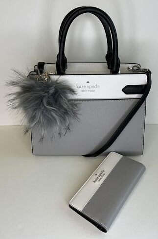 Kate Spade MD Satchel bundled with Bifold Wallet & Fur Pom (Nimbus Grey Colorblock) in Saudi Arabia
