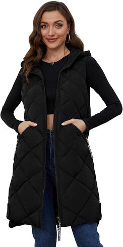 سترة منتفخة طويلة بغطاء للرأس للنساء من Gihuo سترات شتوية بدون أكمام بسحاب معطف دافئ ملابس خارجية مع جيوب in Kuwait