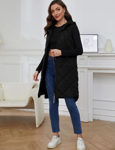 سترة منتفخة طويلة بغطاء للرأس للنساء من Gihuo سترات شتوية بدون أكمام بسحاب معطف دافئ ملابس خارجية مع جيوب in Kuwait