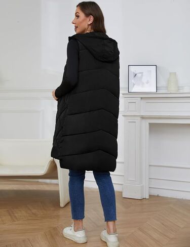 سترة منتفخة طويلة بغطاء للرأس للنساء من Gihuo سترات شتوية بدون أكمام بسحاب معطف دافئ ملابس خارجية مع جيوب in Kuwait