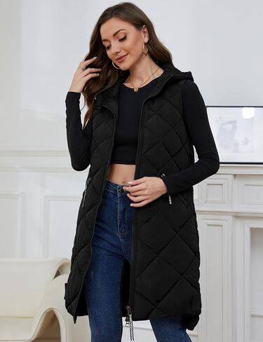 سترة منتفخة طويلة بغطاء للرأس للنساء من Gihuo سترات شتوية بدون أكمام بسحاب معطف دافئ ملابس خارجية مع جيوب in Kuwait