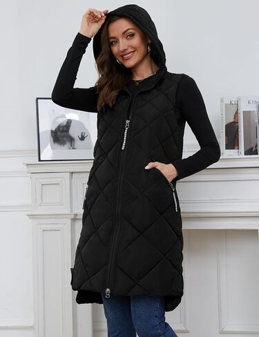 سترة منتفخة طويلة بغطاء للرأس للنساء من Gihuo سترات شتوية بدون أكمام بسحاب معطف دافئ ملابس خارجية مع جيوب in Kuwait