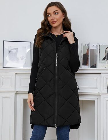 سترة منتفخة طويلة بغطاء للرأس للنساء من Gihuo سترات شتوية بدون أكمام بسحاب معطف دافئ ملابس خارجية مع جيوب in Kuwait