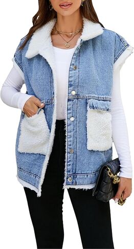 Shebote Womens Sherpa Fleece Lined Denim Vest Loose Sleeveless Wool Warm Jean Jacket Waistcoat Outwear Gilet with Pockets in Kuwait