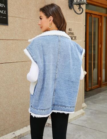 Shebote Womens Sherpa Fleece Lined Denim Vest Loose Sleeveless Wool Warm Jean Jacket Waistcoat Outwear Gilet with Pockets in Kuwait