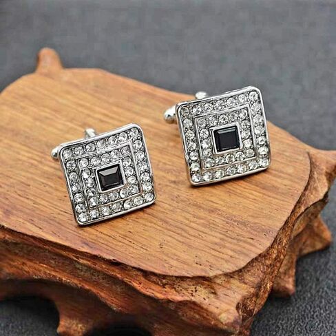 V & L Black Silver Crystal Cuff links – Fancy Unique Elegant Sparkling Luxury Gem Stone Cufflinks for men in Square - Perfect for Wedding, Formal, Suits, Business and Groom Cufflink in Saudi Arabia