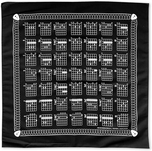 Colter Co. Guitar Chord Chart Bandana - 100% Cotton, Made in USA - Bandanas For Men, Bandanas For Women- Used for Head Bands, Handkerchief Bandana - Black Bandana - 22"x22" in Kuwait