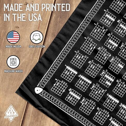 Colter Co. Guitar Chord Chart Bandana - 100% Cotton, Made in USA - Bandanas For Men, Bandanas For Women- Used for Head Bands, Handkerchief Bandana - Black Bandana - 22"x22" in Kuwait