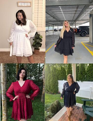 IN'VOLAND Women's Plus Size Swiss Dot Dress Long Sleeve V Neck Chiffon Smocked Short Dress Flowy Ruffle Babydoll Midi Dresses in Saudi Arabia