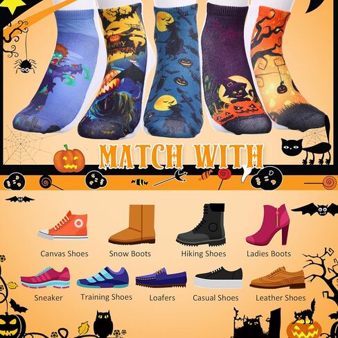 JaGely Pairs Halloween Socks Halloween Themed Low Cut Socks Colorful Bat Witch Pumpkin Novelty Socks for Women Girls One Size in Kuwait
