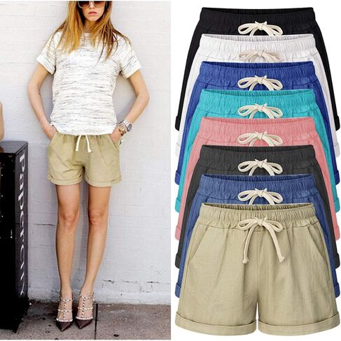 Fuwenni Women's Casual Elastic Waist Comfy Beach Shorts with Drawstring in Kuwait