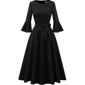 HomRain Women's Elegant Bell Sleeve Cocktail Party Dresses for Wedding Guest Fit and Flare Modest Church Midi Evening Dress