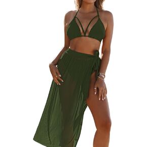 Kisscynest Women's Halter Neck Cut Out 3 Pieces Swimwear with Mesh Maxi Skirt