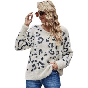 HZSONNE Women's Casual Leopard Crew Neck Loose Fit Sweater Long Sleeve Slouchy Pullover Knitted Fuzzy Jumper Tops