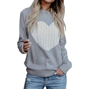 Cogild Women's Pullover Sweater Long Sleeve Crewneck Jumper Cable Knit Heart Cute Sweater Tops