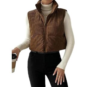 Wyeysyt Women's Corduroy Cropped Puffer Vest Winter Sleeveless Stand Up Collar Zip Up Down Vest Quilted Jackets Padded Gilet