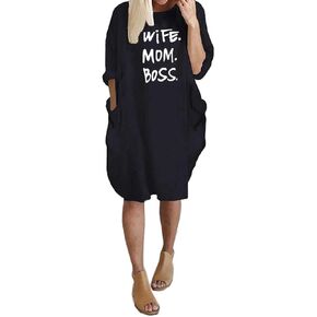 Rfecccy Women’s Wife Mom Boss Tunic Dress Long Sleeve Oversize Baggy Causal Loose Dress with Big Pockets