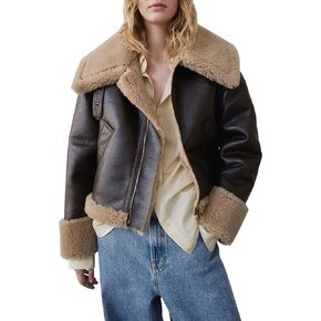 Vimyig Womens Brown Faux Leather Sherpa Lined Jacket Winter Warm Shearling Biker Coats with Pockets in Kuwait
