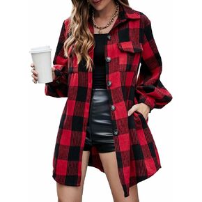 سترة نسائية منقوشة من الفلانيل ملفوفة، قمصان خريفية كاجوال بأزرار سفلية، معاطف طويلة الأكمام مع جيوب in Kuwait