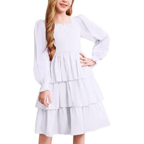 Arshiner Girls Long-Sleeve Tiered Dresses Square Neck Lantern Smocked Ruffle Layered Tie Back Dress in Saudi Arabia