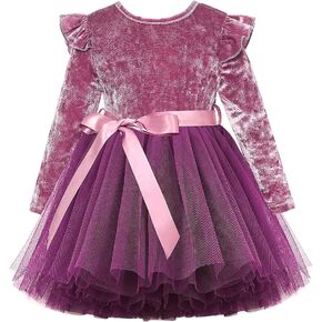 UNICOMIDEA 1-5T Toddlers Girls Velvet Dress Kids Ruffle Long Sleeves Dresses