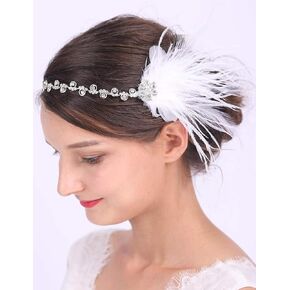 Anglacesmade Bridal Feather Headband White Feather Fascinator Handmade 20s Flapper Headband for Wedding Prom Festival Headdress for Women and Girls