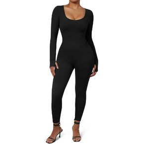 MOOSLOVER Women Ribbed One Piece Jumpsuits Square Neck Long Sleeve Workout Yoga Jumpsuits