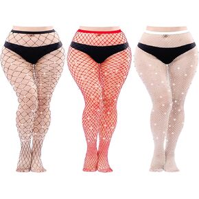 URATOT 3 Pairs Sparkle Rhinestone Fishnets Tights Fishnet Stockings High Waist Mesh Hollow Pantyhose for Women