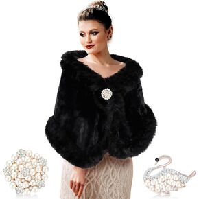 Jadive Faux Fur Shawl Wraps for Women with 2 Rhinestone Brooches Wedding Bridal Faux Fur Cape Stoles Coat Jacket