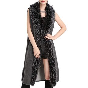 Tngan Womens Long Waistcoat Fuax Fur Trim Winter Vest Sleeveless Cardigan in Saudi Arabia