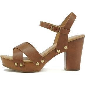 Soda MIGUEL ~ Women Crisscross Band Fashion Chunky Platform Block Mid Heel Sandal with Ankle Strap and Stud