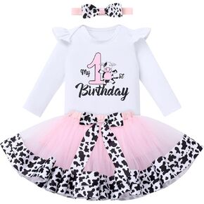 IDOPIP Pink Cow 1st Birthday Outfit for Baby Girls Cake Smash Long Sleeve Romper Tutu Skirt Headband Bowknot Dress up Costume