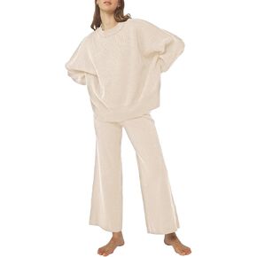 Pink Queen Women's 2 Piece Outfits Sweater Sets Knit Pullover Tops And Wide Leg Pants Loose Tracksuit Lounge Set