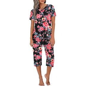 Ekouaer Women's Sleepwear Capri Pajama Sets Short Sleeve Two-Piece Pjs V Neck Tops & Capri Pants with Pockets S-3XL