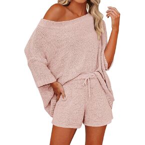 Mafulus Women's 2 Piece Outfits Sweater Sets Off Shoulder Knit Top Shorts Matching Suits Cute Pajama Lounge Set in Saudi Arabia