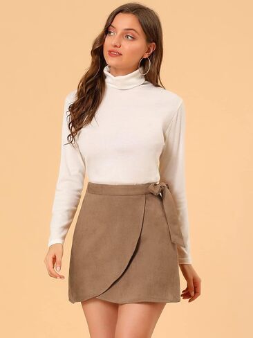 Allegra K Women's Mini Short Wrap Tie Waisted A-Line Faux Suede Skirt in Kuwait