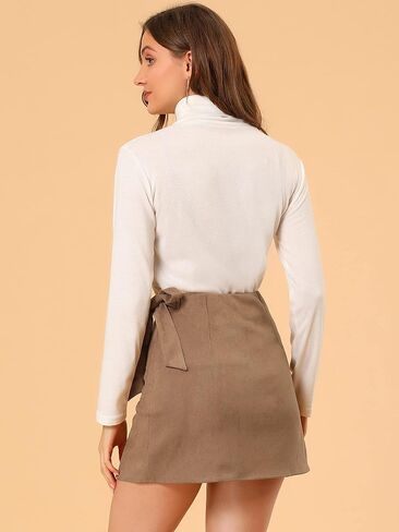 Allegra K Women's Mini Short Wrap Tie Waisted A-Line Faux Suede Skirt in Kuwait