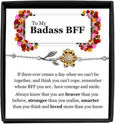 To My Badass BFF Sterling Silver Sunflower Bracelet, Best Friend BFF Long Distance Friendship Gift Set For Women Girls Birthday Celebration Reunion present Best Friend Forever GBJFBM(Main) in Kuwait