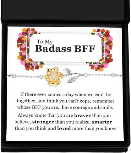 To My Badass BFF Sterling Silver Sunflower Bracelet, Best Friend BFF Long Distance Friendship Gift Set For Women Girls Birthday Celebration Reunion present Best Friend Forever GBJFBM(Main) in Kuwait