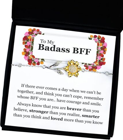 To My Badass BFF Sterling Silver Sunflower Bracelet, Best Friend BFF Long Distance Friendship Gift Set For Women Girls Birthday Celebration Reunion present Best Friend Forever GBJFBM(Main) in Kuwait