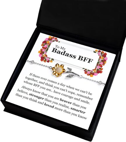 To My Badass BFF Sterling Silver Sunflower Bracelet, Best Friend BFF Long Distance Friendship Gift Set For Women Girls Birthday Celebration Reunion present Best Friend Forever GBJFBM(Main) in Kuwait